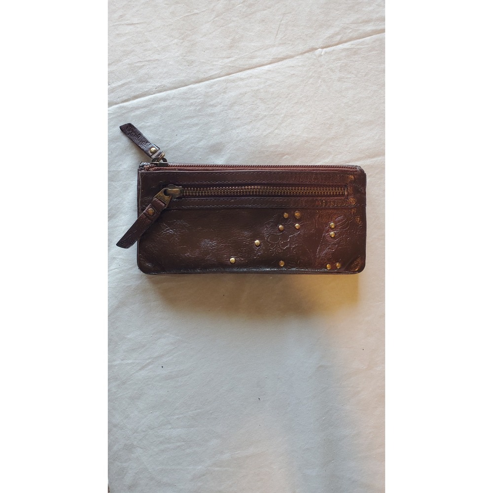 Fossil Brown Leather Studded Bifold Slim Clutch Wallet Floral Embossed